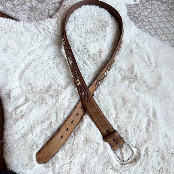 3-D Western Men’s 44 Brown Leather Studded Braided Belt Silver Buckle - Picture 3 of 9